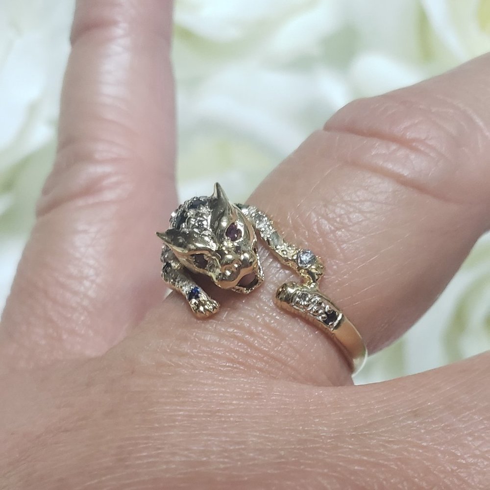 14K SOLID GOLD SAPPHIRE AND RUBY EYES PANTHER RING - Picture 11 of 11